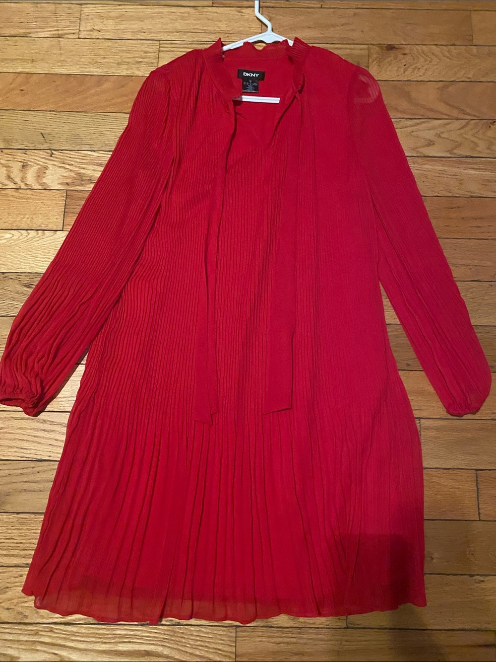 DKNY Red Pleated Long-Sleeve Tie-Neck Dress with Flowing Skirt
